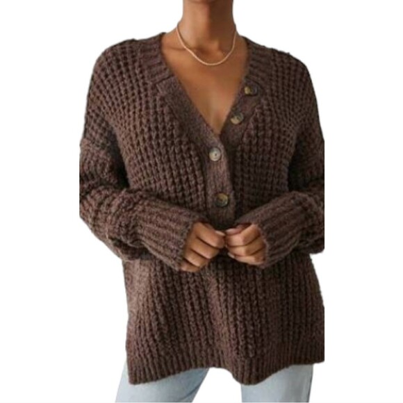 Free People Oversized Whistle Thermal Henley Sweater Brown - Picture 7 of 13